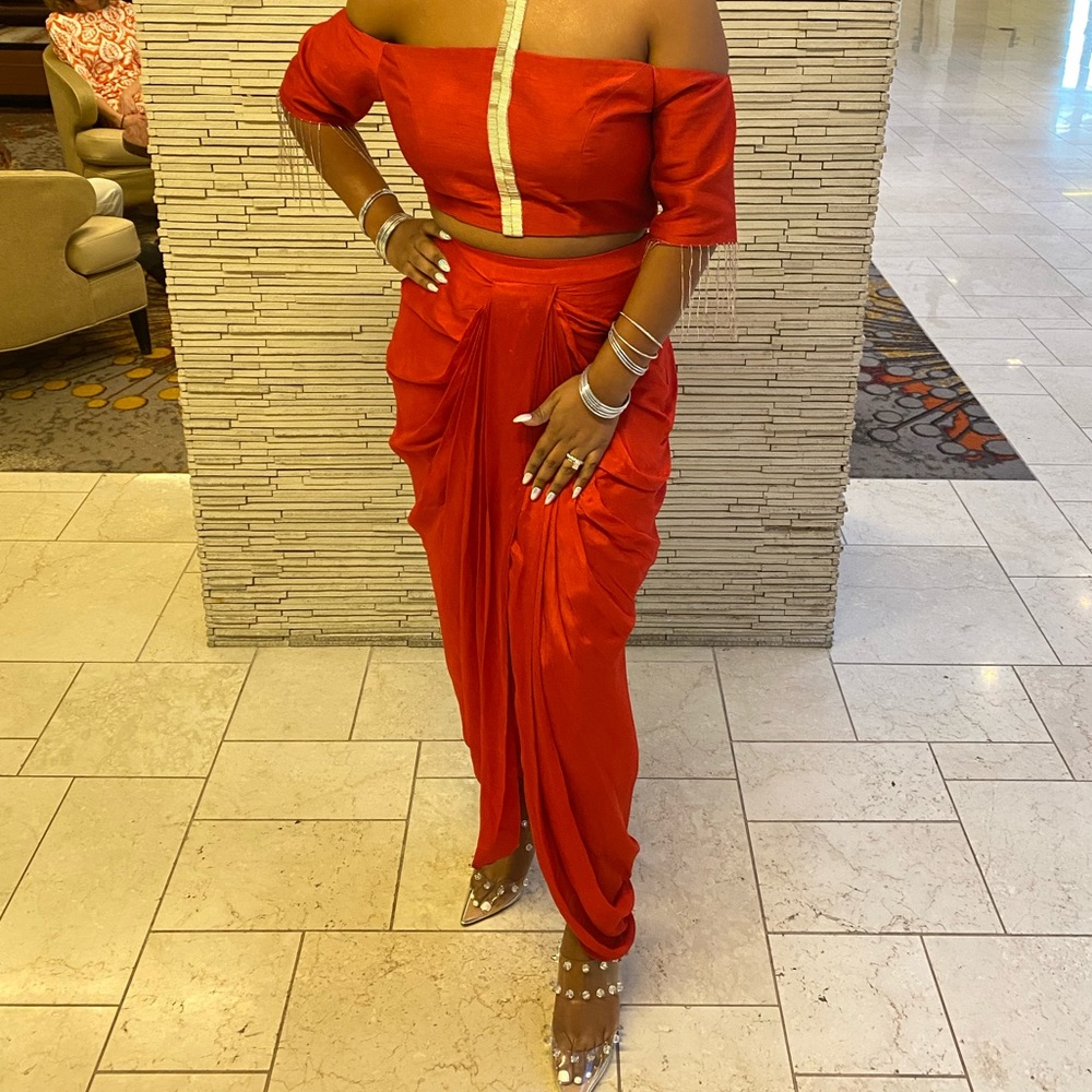 Red two piece dhoti pant set. Size 8. 36c bra size. 5’4 height with 3 in heels.